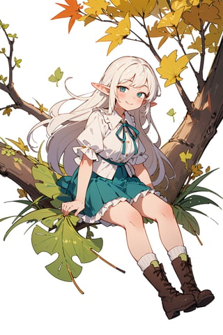 ((Botanical art white background)), 1 girl, chubby, very long hair, blouse, skirt, frilled socks, ribbon, boots, elf, smile, Autumn, lots of maple and ginkgo trees,