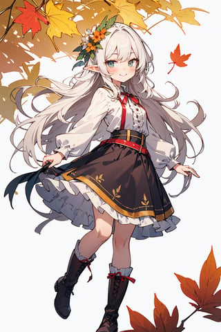 ((Botanical art white background)), 1 girl, chubby, very long hair, blouse, skirt, frilled socks, ribbon, boots, elf, smile, Autumn, lots of maple and ginkgo trees,