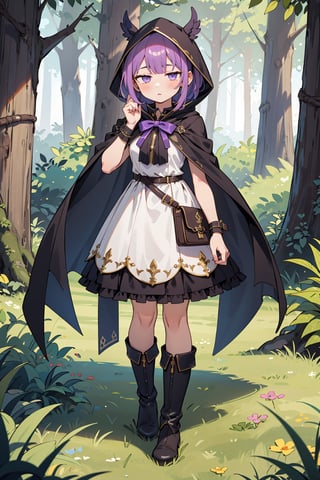 absurdres, (full-body), highres, ultra detailed, (1girl:1.3), close-up,BREAK
murderess dress, purple (transparent1.4) aura, huntress dress, dark cape with hood and gold details, leather boots,
Meadow in the forest, green leaves