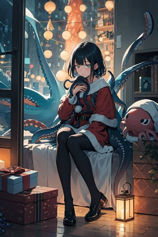 (Fractoluminescence:1.2), kawaii, illustration, (emo girl:1.4), (Blade Runner style:1.2), black tights, BREAK
In a festively decorated room, Emo girl in (santa cosplay:1.2), (Real Octopus in hand:1.4), her outfit and colorful hair adding a unique twist. BREAK
Surrounded by Christmas presents and a glowing tree, the scene blends traditional red, green, and gold hues with the warmth of tree lights. 