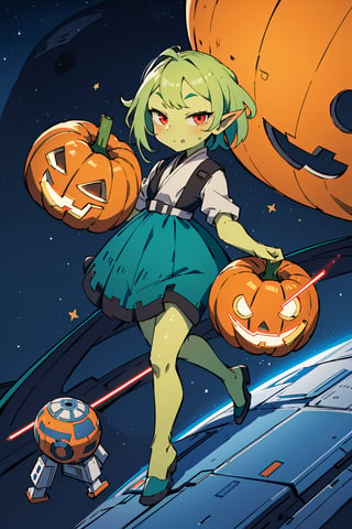 (absurdres, highres, ultra detailed, perfect anatomy:1.2), anime, fullbody, red fluffy dress, (halloween:1.1), BREAK
1girl, solo, flat chest, (red eyes:1.1), (Space:1.2), (green skin Goblin:1.4), (Star Wars:1.4)