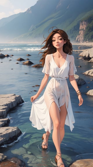 1girl, solo, long hair, brown hair, dress, flower, walking on misty rocks and water, sandals, white flowing dress