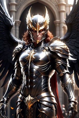 frightening demon warrior, horror, perfect taloned hands, auburn hair, perfect silver eyes, symmetry, perfect wing placement, perfect large black raven wings, finely detailed silver armor, full helmet with a closed full face visor, intricate filigree gold metal design, black leather Gambeson, golden ratio, brown, red, gold, cinematic lighting, hyper detailed 8k, unreal engine, octane render, trending on artstation, black and white, comic style