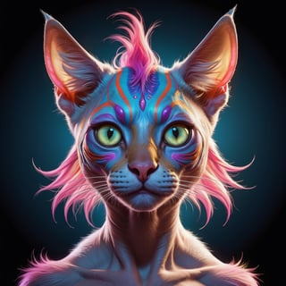 wide angle detailed realistic portrait of a psychedelic cat-like alien creature, psychedelic art, very detailed, fine multicolored hair, neon acrylic pen, graphite pencil, thin lines, Aquirax Uno, rim lighting, light blue backlighting, pink, red, blue, orange, purple, yellow, black background dark room, dynamic lighting, realistic, 12k resolution, looking at camera, soft hair, muscular, symmetrical, clear star filled night sky background with one moon, horse ears, weathered skin with short cat like fur. by aruffo3