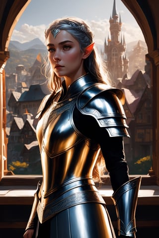 The elven princess stands in front of an open window, overlooking the bustling city below. It's midday, and the warm sunlight streams into the room, casting a golden glow on everything. She stands tall and straight, her body poised for battle. Perfect almond shaped eyes, her left hand holds a gleaming silver sword, while her right hand adjusts a piece of her armor. The armor is made of interlocking silver plates, with intricate designs etched into each piece. As she prepares for battle, she seems completely focused on the task at hand, ready to defend her city at all costs. by aruffo3,Movie Still,photo r3al,Leonardo Style