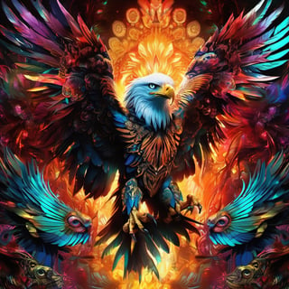 fire psychedelic predator-eagle mix, Alexander Jansson and Mike Shinoda and midjourney 5 style, filigree laser fractal details, glistening shiny scales, intricate ornate hypermaximalist sharp focus,  chiaroscuro, dramatic lighting, highly detailed and intricate, hyper maximalist, ornate, photographic style, luxury, elite, haunting matte painting, cinematic