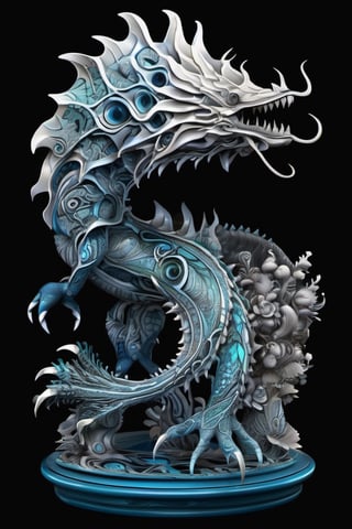 illustration on black background. water creature figurine with dynamic, complex and vibrant designs, fractal bone carving, edgy and modern, layering, deep shadows, intricate detailed, silvers, blues, grays, teals, trending on artstation, sharp focus, studio photo, intricate details, highly detailed, trending on artstation, sharp focus, studio photo, intricate details, highly detailed, symmetry, by aruffo3