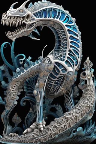 illustration on black background. fractal bone carving, water creature figurine, with dynamic and vibrant designs, edgy and modern, layering, deep shadows, intricate detailed, silvers, blues, grays, teals, trending on artstation, sharp focus, studio photo, intricate details, highly detailed, trending on artstation, sharp focus, studio photo, intricate details, highly detailed, by aruffo3