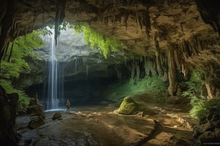 A cave explorer stands amidst a lush forest. Sun rays filter through the trees, casting shadows on the leaf-covered ground. A winding trail leads deep into the cave, surrounded by majestic stone carvings. Above, a magnificent waterfall adds serenity to the scene. Curious wildlife animates the surroundings. The image captures the excitement and beauty of wilderness, inviting viewers to embark on an adventure in nature's embrace, 8k, RAW photo, best quality, masterpiece, realistic, photo-realistic, professional lighting, photon mapping, physically-based rendering, detailed background, absurdres, hdr, muted colors, dramatic, complex background, cinematic, filmic, artstation, soaking wet, Paolo Puggioni and Anna Dittmann style. by aruffo3