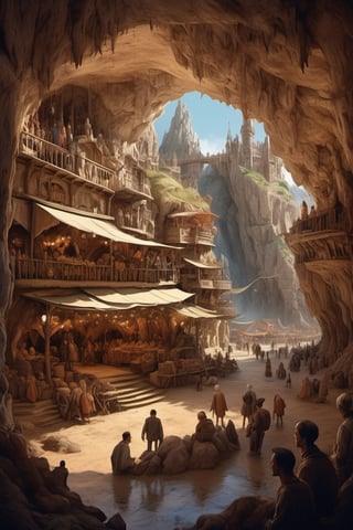 wide angle view of a bustling fantasy market square in a large cavern by jeff darrow and moebius, earth and pastel colors, dramatic perspective, highly detailed, ultra realistic, masterpiece, 4 k, 8 k, in the style of Tolkiens middle earth, highly detailed, photorealistic, digital art, matte painting, hd illustration, trending on artstation, by aruffo3