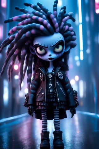 wide angle upper body shot of a malicious Necropunk girl at midnight, futuristic streets of tokyo in the style of tim burton, vivid colors, grimdark theme, goth, dreadlocks, cinematic film still. shallow depth of field, vignette, highly detailed, high budget, cinemascope, moody, epic, gorgeous, film grain, grainy, breathtaking. award-winning, professional, divine ratio, symmetrical face, highly detailed professional photo, by aruffo3
