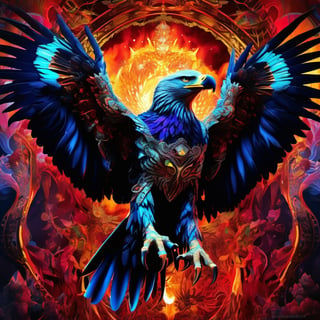 fire psychedelic predator-eagle mix, Alexander Jansson and Mike Shinoda and midjourney 5 style, filigree laser fractal details, glistening shiny scales, intricate ornate hypermaximalist sharp focus,  chiaroscuro, dramatic lighting, highly detailed and intricate, hyper maximalist, ornate, photographic style, luxury, elite, haunting matte painting, cinematic