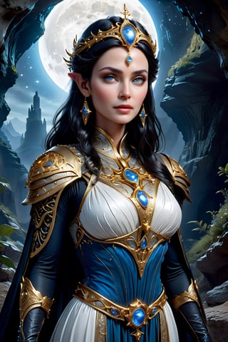 upper body shot of an elder ancient celestial elven Queen standing at the entrance of an ancient cave. 40 years old.
Wearing an intricate gold Gambeson over a translucent white gown, with raven black hair that shines like the stars, almond-shaped eyes that glimmer like the moon, petite and graceful, smooth soft pale skin, she is the master of Elemental Light and possesses the power to create new life from the very essence of the universe, perfect face, perfect blue almond shaped eyes, perfect mouth, perfect nose, unreal engine 5, by luis royo, by Alphonse Mucha, high detailed face, looking at the camera, Sci-Fi, futuristic, highly detailed, octane render, cinematic, oil painting, heavy strokes, paint dripping, by aruffo3,Renaissance Sci-Fi Fantasy