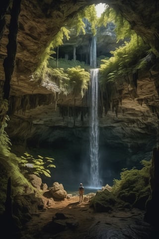 A cave explorer stands amidst a lush forest. Sun rays filter through the trees, casting shadows on the leaf-covered ground. A winding trail leads deep into the cave, surrounded by majestic stone carvings. Above, a magnificent waterfall adds serenity to the scene. Curious wildlife animates the surroundings. The image captures the excitement and beauty of wilderness, inviting viewers to embark on an adventure in nature's embrace, 8k, RAW photo, best quality, masterpiece, realistic, photo-realistic, professional lighting, photon mapping, physically-based rendering, detailed background, absurdres, hdr, muted colors, dramatic, complex background, cinematic, filmic, artstation, soaking wet, Paolo Puggioni and Anna Dittmann style. by aruffo3