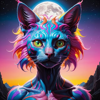 wide angle detailed realistic portrait of a psychedelic cat-like alien creature, psychedelic art, very detailed, fine multicolored hair, neon acrylic pen, graphite pencil, thin lines, Aquirax Uno, rim lighting, light blue backlighting, pink, red, blue, orange, purple, yellow, black background dark room, dynamic lighting, 12k resolution, looking at camera, soft hair, muscular, symmetrical, clear star filled night sky background with one moon, horse ears, weathered skin with short cat like fur. by aruffo3