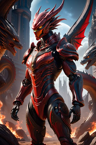 Digital illustration. Long shot Close up. 1 anthropomorphic robotic elite class warrior In the style of Cameron Gray, Eric Fan. Symmetry, divine ratio. Matte red and black etched Kevlar advanced battle armor, enormous dragon-like carbon fiber robotic wings. Cowboy pose. Alien planet surface a wasteland of burning futuristic city ruins, bleak nighttime sky, by aruffo3, cgsociety, artstation, sharp focus, intricate details, highly detailed. extraterrestrial, cosmic, otherworldly, mysterious, sci-fi, highly detailed,bailing_eastern dragon,Renaissance Sci-Fi Fantasy