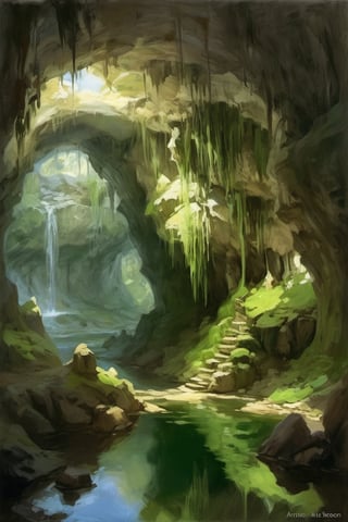 painting of a hidden fantasy pond in a large underground stone cavern, fantasy, moss-covered terraces, soft light, concept art, by Peleng, Anders Zorn, Joaquin Sorolla, Chiaroscuro, trending on artstation. by aruffo3