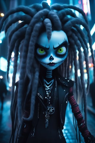 wide angle upper body shot of a malicious Necropunk girl at midnight, futuristic streets of tokyo in the style of tim burton, vivid colors, grimdark theme, goth, dreadlocks, cinematic film still. shallow depth of field, vignette, highly detailed, high budget, cinemascope, moody, epic, gorgeous, film grain, grainy, breathtaking. award-winning, professional, divine ratio, symmetrical face, highly detailed professional photo, by aruffo3