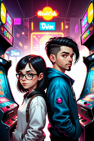 geek techie teenage girl and a cyberpunk gamer teenage boy at an arcade, by Alexander Jansson and Mike Shinoda, divine ratio, symmetry, clear skin, perfect eyes, perfect faces, 8k, fantasy art, by aruffo3,vector art illustration