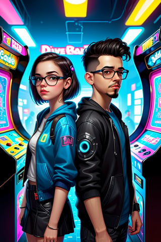 geek techie teenage girl and a cyberpunk gamer teenage boy at an arcade, by Alexander Jansson and Mike Shinoda, divine ratio, symmetry, clear skin, perfect eyes, perfect faces, 8k, fantasy art, by aruffo3,vector art illustration