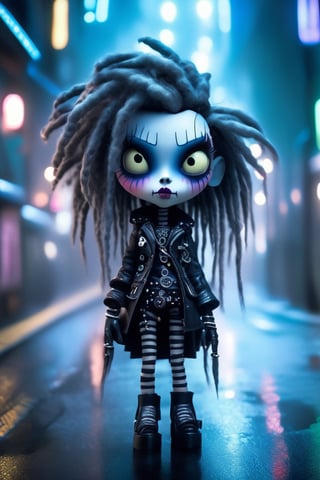 wide angle upper body shot of a malicious Necropunk girl at midnight, futuristic streets of tokyo in the style of tim burton, vivid colors, grimdark theme, goth, dreadlocks, cinematic film still. shallow depth of field, vignette, highly detailed, high budget, cinemascope, moody, epic, gorgeous, film grain, grainy, breathtaking. award-winning, professional, divine ratio, symmetrical face, highly detailed professional photo, by aruffo3