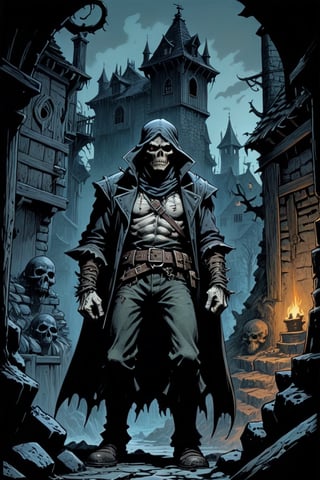 dark comic book,
2D illustration,
dark fantasy,
fine-inking,
Thick black-outlines,
cel-shaded,
contour,
mysterious,
by Bernie Wrightson,
Mike Ploog,
Town of Salem 2,
darkest dungeon,
iratus:lord of the dead,