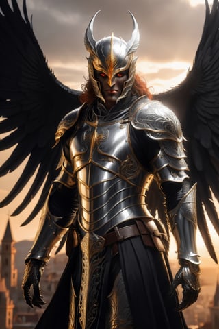 frightening demon warrior, horror, perfect taloned hands, auburn hair, perfect silver eyes, symmetry, perfect wing placement, perfect large black raven wings, finely detailed silver armor, full helmet with a closed full face visor, intricate filigree gold metal design, black leather Gambeson, golden ratio, brown, red, gold, cinematic lighting, hyper detailed 8k, unreal engine, octane render, trending on artstation, black and white, comic style