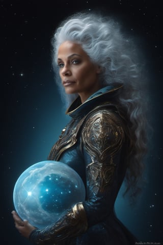 Sci Fi, silver hair, extraterrestrial-born cosmonaut, art by Alfredo Rodriguez, Dreamcatcher, gothic, mystic, druid, goddess of light, Time Traveller, Star Goddess, Wanderer between the worlds, long wavy silver hair, blues, golds, silvers, digital art, Yoann Lossel style, bright, beautiful, splash, Glittering, filigree, rim lighting, lights, extremely surreal, fantasy, futuristic, digital art, intricate artwork masterpiece, ominous, matte painting movie poster, golden ratio, trending on cgsociety, intricate, epic, trending on artstation, Jarek Kubicki, James Paick and android jones, highly detailed, vibrant, production cinematic character render, ultra high-quality model, by aruffo3,DonMWr41thXL ,SteelHeartQuiron character
