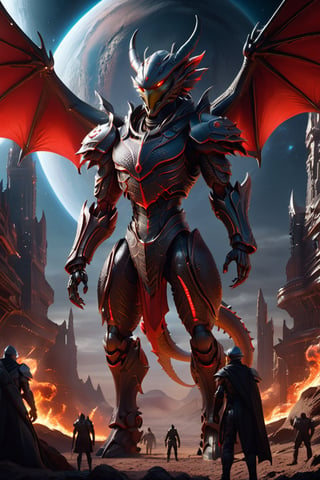 Digital illustration. Long shot Close up. 1 anthropomorphic robotic elite class warrior In the style of Cameron Gray, Eric Fan. Symmetry, divine ratio. Matte red and black etched Kevlar advanced battle armor, enormous dragon-like carbon fiber robotic wings. Cowboy pose. Alien planet surface a wasteland of burning futuristic city ruins, bleak nighttime sky, by aruffo3, cgsociety, artstation, sharp focus, intricate details, highly detailed. extraterrestrial, cosmic, otherworldly, mysterious, sci-fi, highly detailed,bailing_eastern dragon,Renaissance Sci-Fi Fantasy