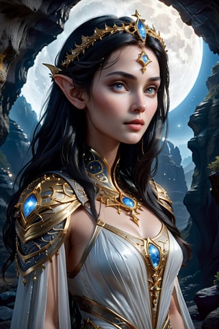 upper body shot of a celestial elven Queen standing at the entrance of an ancient cave.
Wearing an intricate gold Gambeson over a translucent white gown, with raven black hair that shines like the stars, almond-shaped eyes that glimmer like the moon, petite and graceful, smooth soft pale skin, she is the master of Elemental Light and possesses the power to create new life from the very essence of the universe, perfect face, perfect blue almond shaped eyes, perfect mouth, perfect nose, unreal engine 5, by luis royo, by Alphonse Mucha, high detailed face, looking at the camera, Sci-Fi, futuristic, highly detailed, octane render, cinematic, oil painting, heavy strokes, paint dripping, by aruffo3,Renaissance Sci-Fi Fantasy