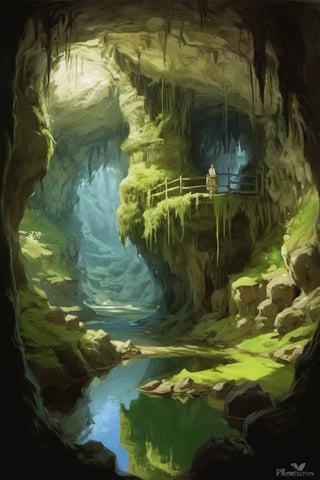 painting of a hidden fantasy pond in a large underground stone cavern, fantasy, moss-covered terraces, soft light, concept art, by Peleng, Anders Zorn, Joaquin Sorolla, Chiaroscuro, trending on artstation. by aruffo3