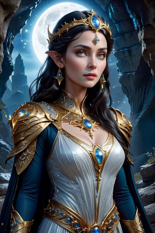 upper body shot of an elder ancient celestial elven Queen standing at the entrance of an ancient cave.
Wearing an intricate gold Gambeson over a translucent white gown, with raven black hair that shines like the stars, almond-shaped eyes that glimmer like the moon, petite and graceful, smooth soft pale skin, she is the master of Elemental Light and possesses the power to create new life from the very essence of the universe, perfect face, perfect blue almond shaped eyes, perfect mouth, perfect nose, unreal engine 5, by luis royo, by Alphonse Mucha, high detailed face, looking at the camera, Sci-Fi, futuristic, highly detailed, octane render, cinematic, oil painting, heavy strokes, paint dripping, by aruffo3,Renaissance Sci-Fi Fantasy