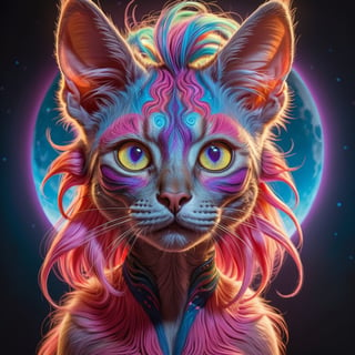 wide angle detailed realistic portrait of a psychedelic cat-like alien creature, psychedelic art, very detailed, fine multicolored hair, neon acrylic pen, graphite pencil, thin lines, Aquirax Uno, rim lighting, light blue backlighting, pink, red, blue, orange, purple, yellow, black background dark room, dynamic lighting, realistic, 12k resolution, looking at camera, soft hair, muscular, symmetrical, clear star filled night sky background with one moon, horse ears, weathered skin with short cat like fur. by aruffo3