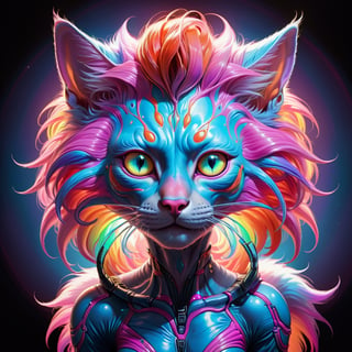 wide angle detailed realistic portrait of a psychedelic cat-like alien creature, psychedelic art, very detailed, fine multicolored hair, neon acrylic pen, graphite pencil, thin lines, Aquirax Uno, rim lighting, light blue backlighting, pink, red, blue, orange, purple, yellow, black background dark room, dynamic lighting, realistic, 12k resolution, looking at camera, soft hair, muscular, symmetrical, clear star filled night sky background with one moon, horse ears, weathered skin with short cat like fur. by aruffo3,Acidmelt