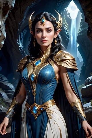 upper body shot of an elder ancient celestial elven Queen standing at the entrance of an ancient cave. 40 years old. Wise, intelligent, strong.
Wearing an intricate gold Gambeson over a translucent white gown, with raven black hair that shines like the stars, perfect blue almond-shaped eyes, petite and graceful, smooth soft pale skin, she is the master of Light and essence in the universe, unreal engine 5, by luis royo, by Alphonse Mucha, high detailed face, looking at the camera, Sci-Fi, futuristic, highly detailed, octane render, cinematic, oil painting, heavy strokes, paint dripping, by aruffo3,Renaissance Sci-Fi Fantasy