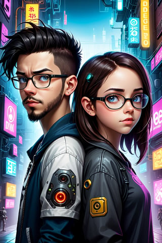 geek techie teenage girl and a cyberpunk gamer teenage boy. by Alexander Jansson and Mike Shinoda, divine ratio, symmetry, clear skin, perfect eyes, perfect faces, 8k, fantasy art, by aruffo3
