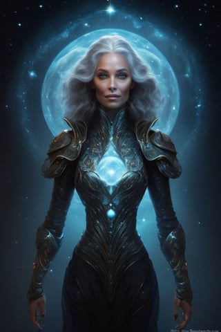 Sci Fi, silver hair, extraterrestrial-born cosmonaut, art by Alfredo Rodriguez, Dreamcatcher, gothic, mystic, druid, goddess of light, Time Traveller, Star Goddess, Wanderer between the worlds, long wavy silver hair, blues, golds, silvers, digital art, Jean-Baptiste Monge style, bright, beautiful, splash, Glittering, filigree, rim lighting, lights, extremely surreal, fantasy, futuristic, digital art, intricate artwork masterpiece, ominous, matte painting movie poster, golden ratio, trending on cgsociety, intricate, epic, trending on artstation, wlop, artgerm and james jean, highly detailed, vibrant, production cinematic character render, ultra high-quality model, by aruffo3,DonMWr41thXL ,SteelHeartQuiron character