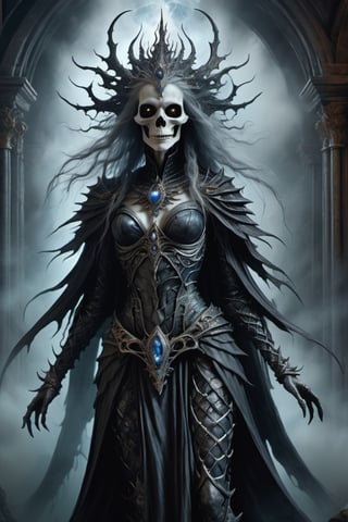 wraith mother of death, swirling mist surrounding her, dark fantasy, Grotesque, dark skeletal figure, skeletal face, skeletal claws, sunken eyes, torn rags, undead, by Brian Froud, Luis Royo, Alan Lee, Ivan Albright, perfect composition, approaching perfection, perfect symmetry, divine ratio, concept art, digital painting, ethereal, demonic backlight, 3d render, realistic, octane render, 4k, close up, extremely detailed, cinematic, 50mm, trending on artstation, sharp focus, studio photo, intricate details, highly detailed, kids storybook style, muted colors, watercolor style, by aruffo3