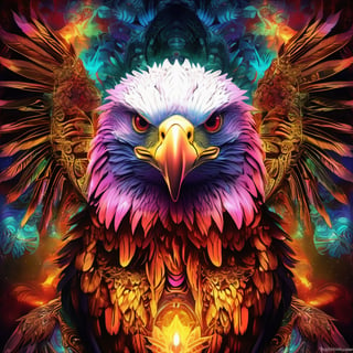 fire psychedelic predator-eagle mix, Alexander Jansson and Mike Shinoda and midjourney 5 style, filigree laser fractal details, glistening shiny scales, intricate ornate hypermaximalist sharp focus,  chiaroscuro, dramatic lighting, highly detailed and intricate, hyper maximalist, ornate, photographic style, luxury, elite, haunting matte painting, cinematic