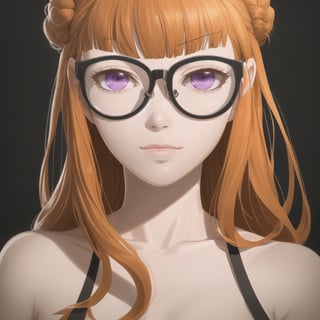 Persona 5, Futaba , long orange hair, purple eyes, orange hair, cute face, orange hair, glasses 