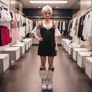 creates a beautiful young woman, ((standing facing forward)).
(((she has full body, short white hair and shoes inside the picture))). (((small breasts))).
She wears gold, black, white and pink casual clothes with metallic details. dress. ((she wears sports ankle boots))