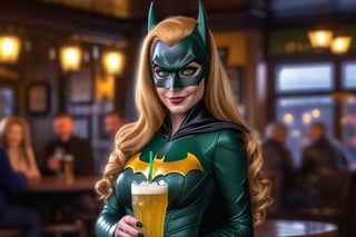 full body shot, hyper-realistic, highest resolution possible, Canon 5D Mk IV, 700mm, medium contrast, heavy bokeh, strong bokeh, It's a lovely evening at the pub. Snow falls lightly. Batgirl with perfect skin and dark green eyes, holds a cocktail, smiling slightly. sidelight, DonMM1y4XL