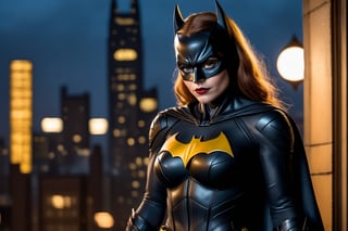 photorealism, canon 5d mk iv, 700mm, full body shot. It's a beautiful night in Gotham City. Batgirl goes window shopping