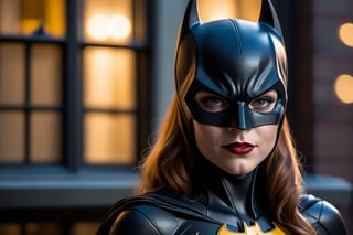 photorealism, canon 5d mk iv, 700mm, It's a beautiful night in Gotham City. Batgirl goes window shopping