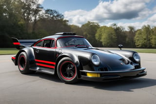 photorealism, canon 5d mk iv, 700mm, It's a partly cloudy day. The Batmobile is a Porsche 911. Black with red trim.