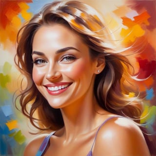 impressionist painting, upper body of beautiful woman, smiling, looking at camera, raising hand, loose brushwork, vibrant color, light and shadow play, captures feeling over form
