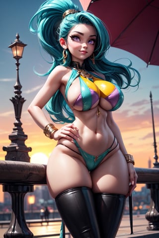 sole_female, purple eyes, happy, smirk, sexy pose, green hair, pale skin, ponytail, long hair, (gigantic breasts:1.9), huge hips, green leather vest, knee boots, thighhighs, side_tie_bikini, (topless:1.5), lowleg jeans, legs spread, view from below, masterpiece, | (detailed face:1.2), (detailed eyes:1.2), (detailed background),  hourglass body shape, | sunset, bokeh, depth of field, | public, park, people in background, | (saturated colors:1.2), darkqueen, earrings