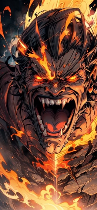 The image features a man with a demonic appearance, screaming with his mouth wide open. He is surrounded by a fiery, volcanic environment, with lava and flames all around him. The man's face is contorted in a scream, and his mouth is open, showing his teeth. The scene is intense and dramatic, capturing the essence of a powerful, otherworldly being.