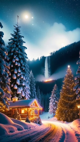 charming fairy tale village, snow-covered decorated Christmas trees, warm inviting cabin, ultra sharp digital oil painting, snowflakes, mountains with waterfall, soft light far-away full moon, glitter, stars, stardust, hyper realistic, well rendered, detailed, vibrant, electric blue and purple sky in style of Thomas Kinkade