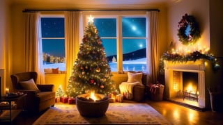 On this serene Christmas night, stars gently illuminate the sky, the fireplace diffuses a stable warmth, and the Christmas tree lights softly twinkle. The fragrance of gifts diffuses steadily, and the aroma of spices gently spreads. Outside the window, snowflakes fall steadily, and the laughter of family members is transmitted harmoniously. Soft music continues to play, blankets provide a comfortable embrace, and curtains sway gently in a stable rhythm. This Christmas night, a stable diffusion of warmth permeates the entire space.